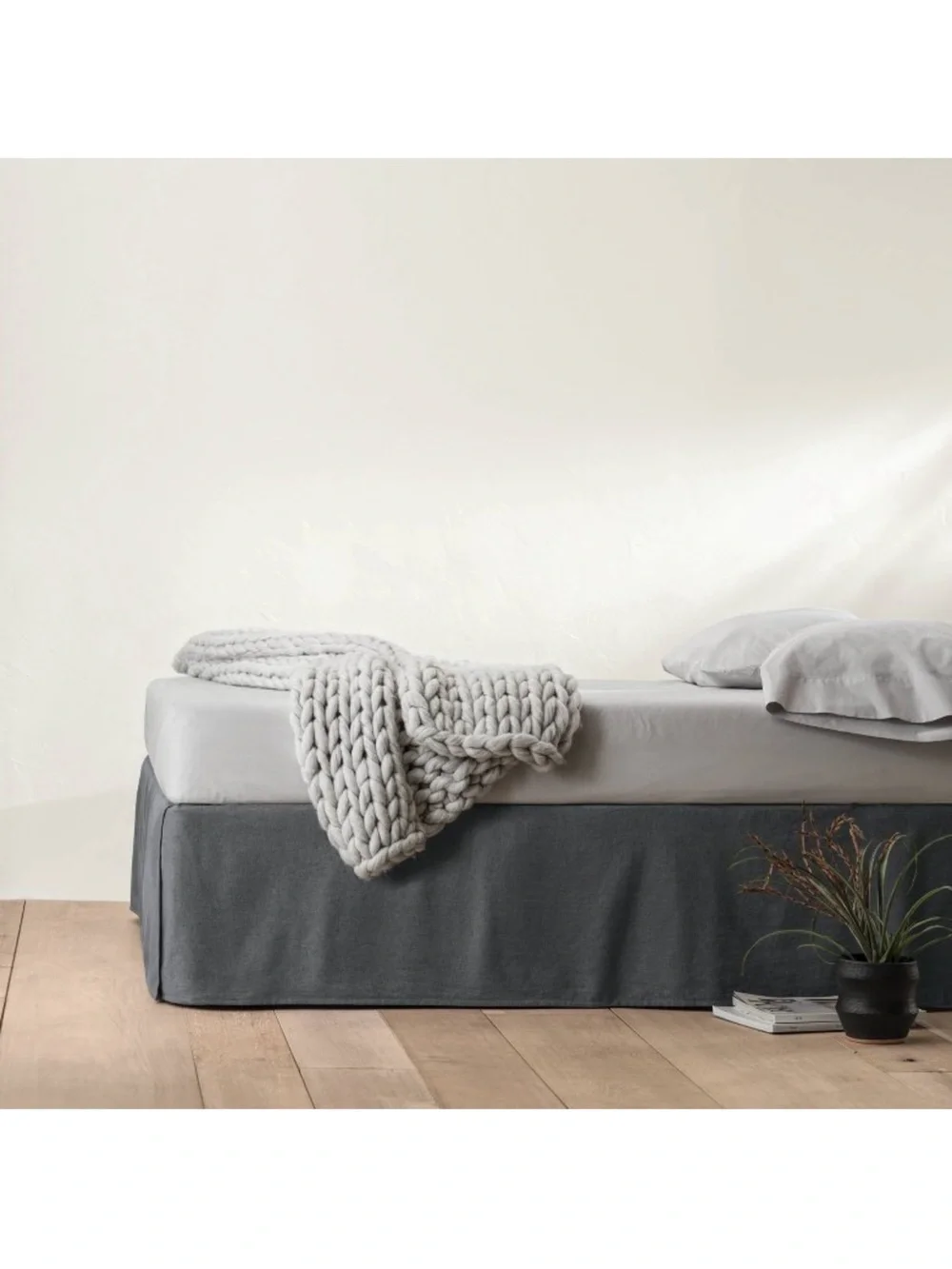 Casaluna King Linen Blend Bedskirt Dark Gray , Plain Weave, 15” Drop